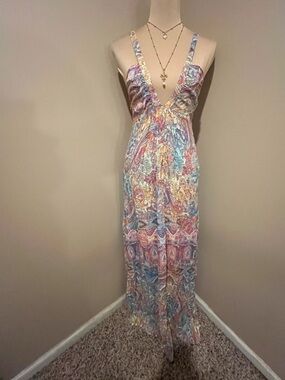 OndadeMar Pastel Paisley Plunging V‑Neck Smocked-back, Maxi,size Medium
